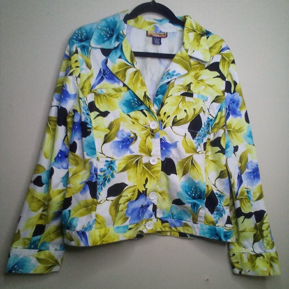 Havana Jacks Cafe Blazer Jacket Women L Long Sleeve Button Floral Tropical